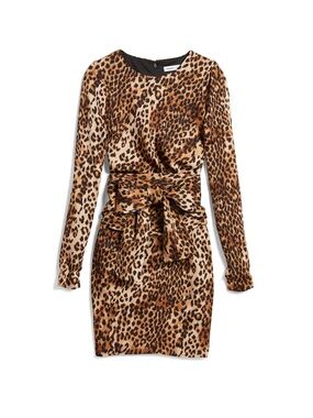Express Leopard Print Long Sleeve Tie-Waist Dress - Brown/Tan